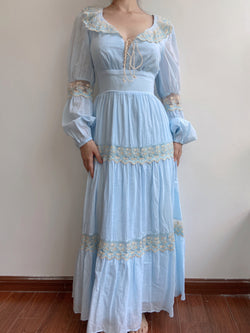 Flowy Blue Lace Ruffles Maxi Dress | Vintage Mist
