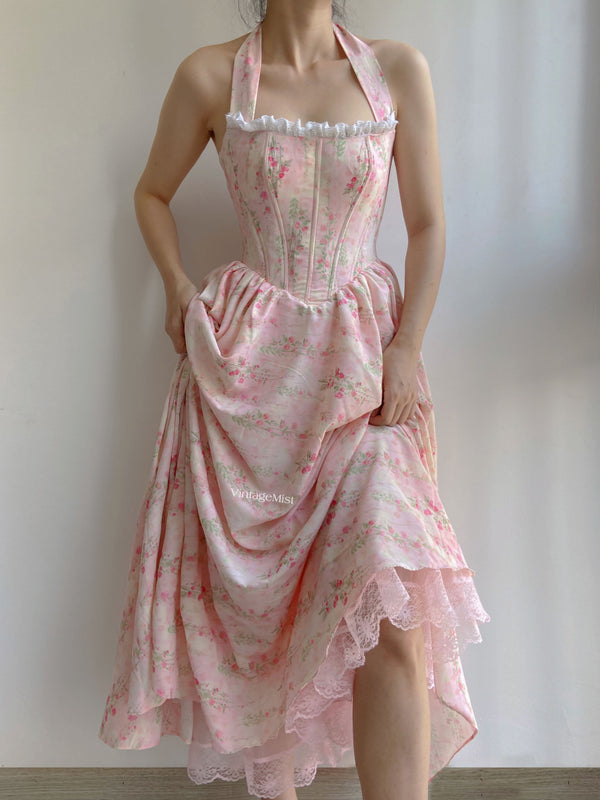 Halter Floral Print Ruched Lace Maxi Corset Dress - Pink | VintageMist