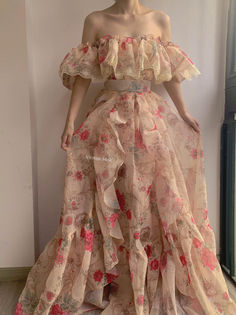 Romantic Rose Bloom Corset Skirt Two Piece Set - Beige | VintageMist