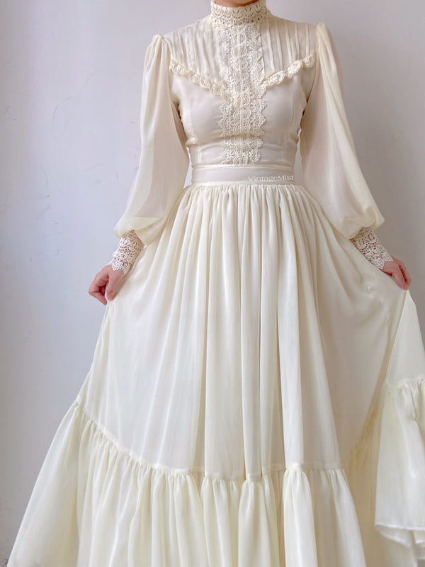Chiffon Lantern Sleeve Lace Trim Dress - Ivory | VintageMist