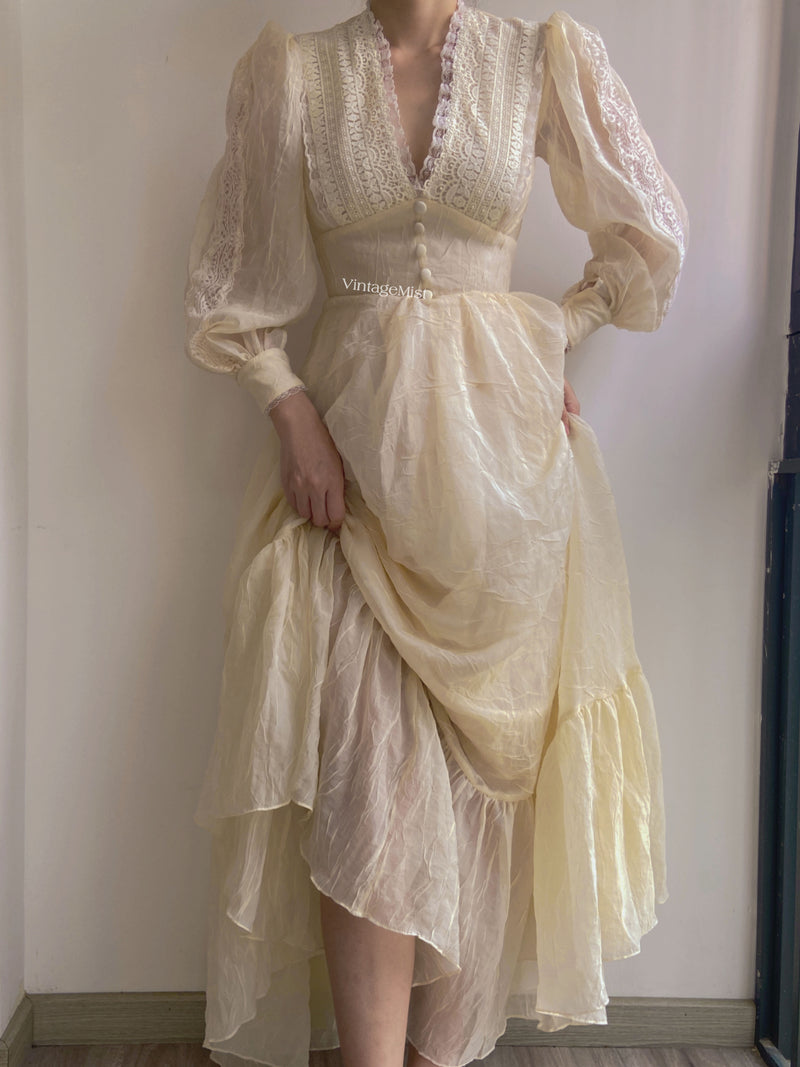 Vintage 70s  Lace Gown Maxi Dress with Long Sleeves - Beige | VintageMist