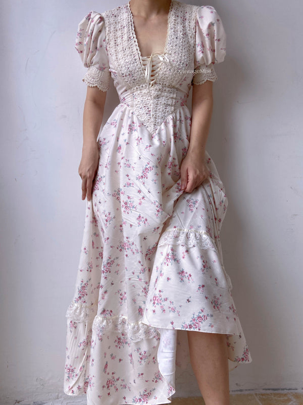 Puff Sleeve V Neck Floral Dress - White | VintageMist