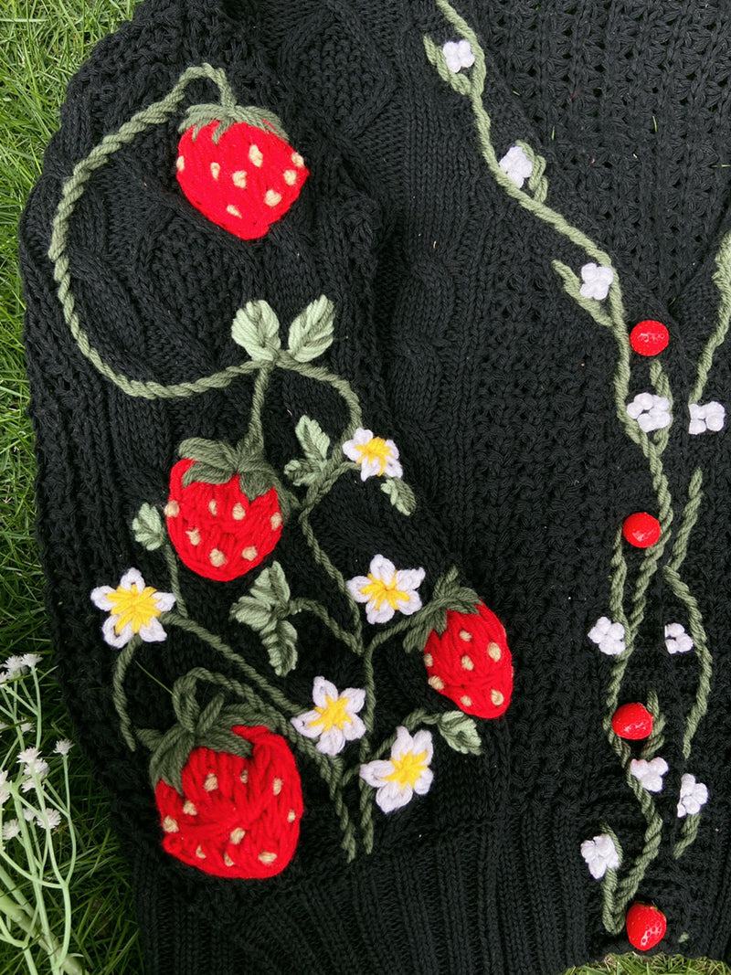 Handmade Strawberry Bloom Embroidery Cardigan - Black | VintageMist
