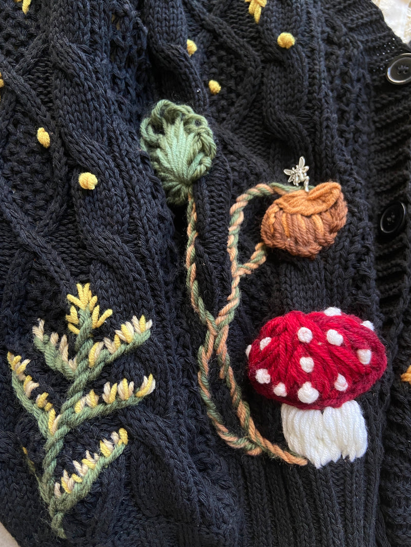 Mushroom Daisy Starry Sky Embroidery Cardigan - Black | Vintage Mist