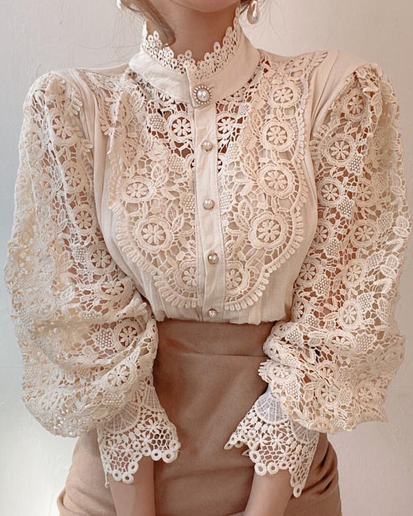 Lace Hollow Puff Long Sleeve Blouse | VintageMist