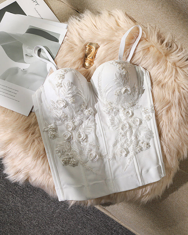 Cream Sheer Floral Embroidery Corset, Tops