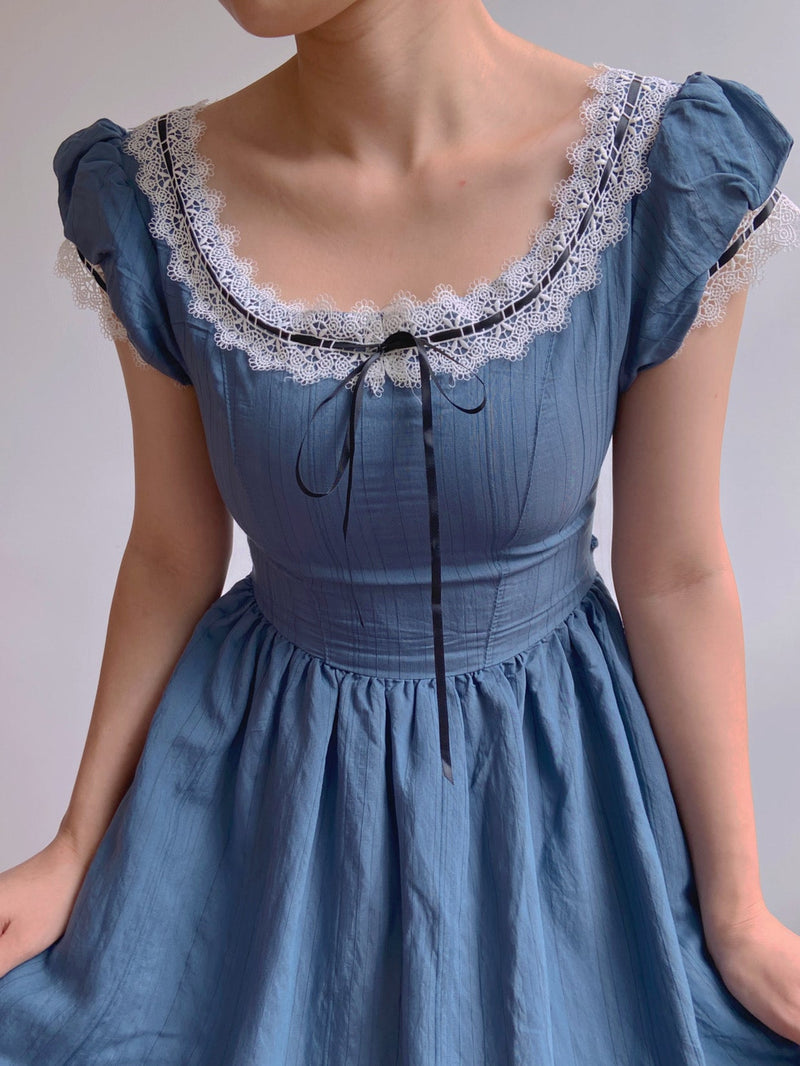 Puff Sleeves Lace Midi Dress - Blue | VintageMist