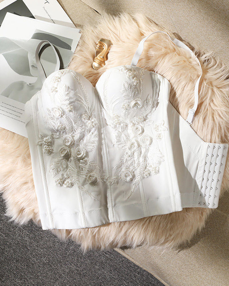Floral Embroidered Corset Top - White | Vintage Mist