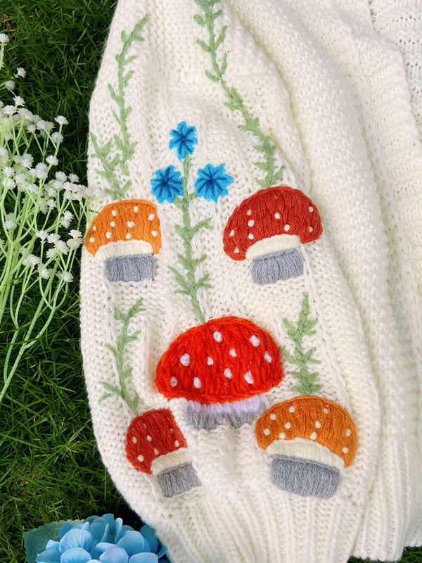 Mushroom Daisy Embroidery Cardigan - White | Vintage Mist