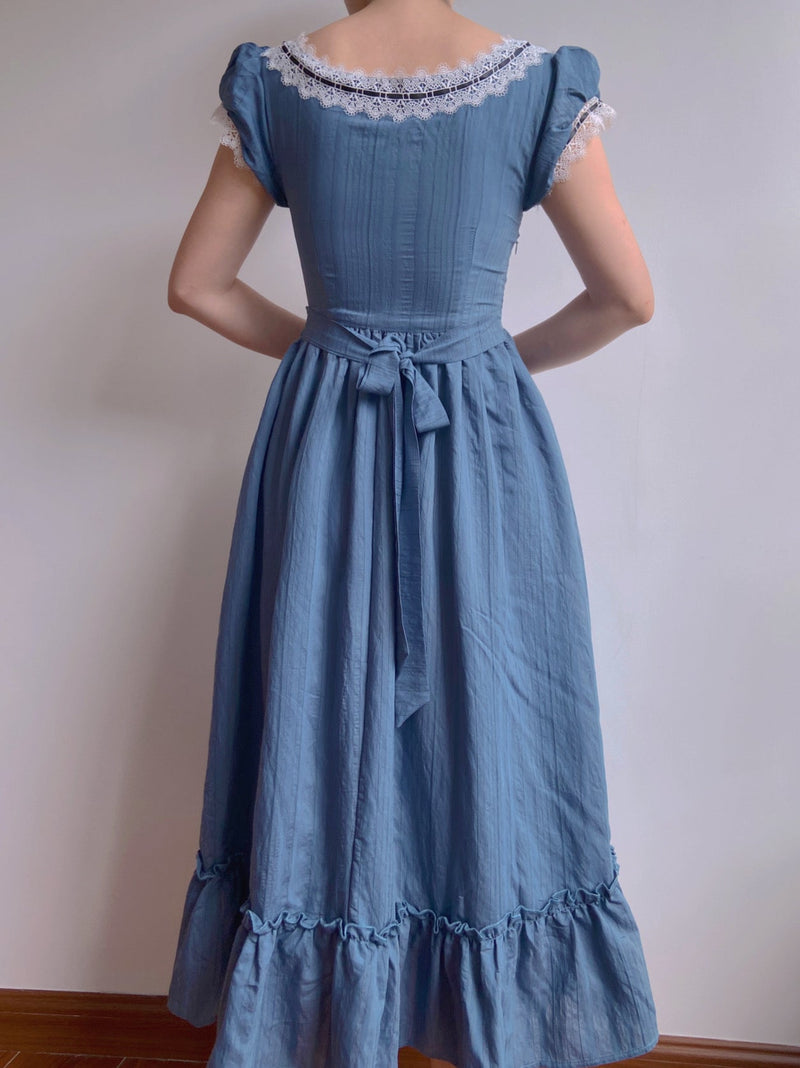 Puff Sleeves Lace Midi Dress - Blue | Vintage Mist