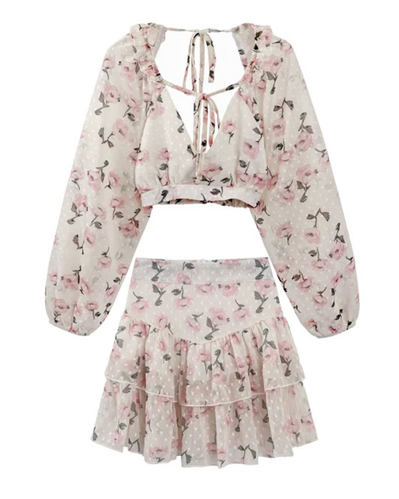 Vintage Mist Floral Print Dot Chiffon Blouse Mini Skirt Set