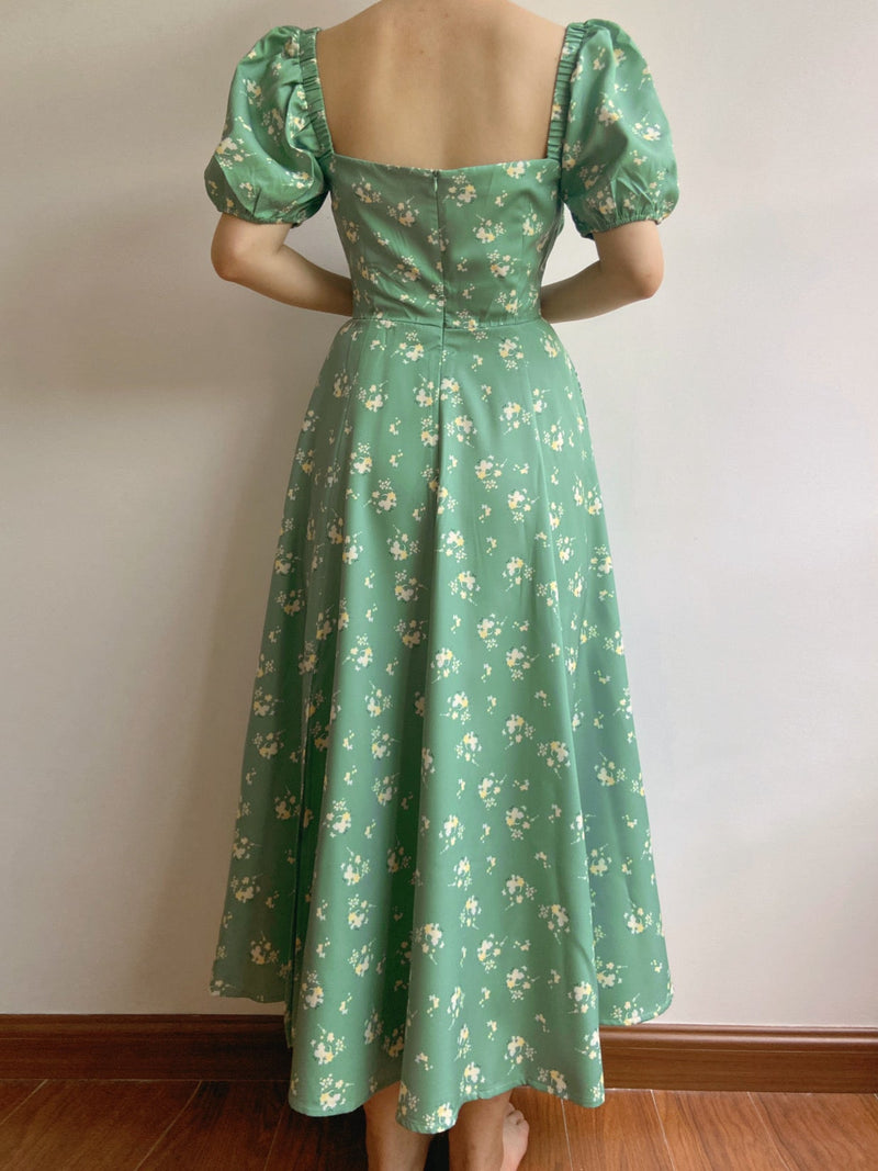 Floral Print Puff Sleeve Midi Dress - Green | Vintage Mist