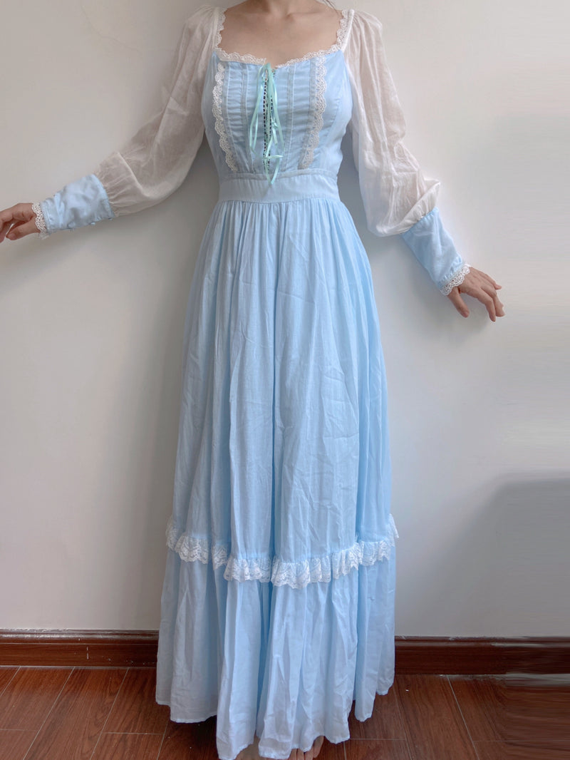 Romantic Princess Long Sleeve Lace Maxi Dress - Blue | VintageMist