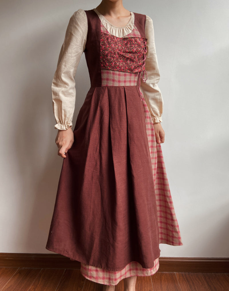 Cottagecore Color Block Check Floral Dress | VintageMist