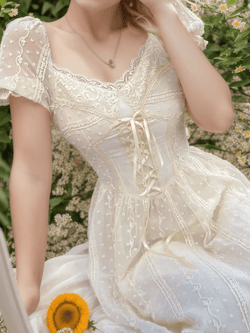 Lace Flower Square Neck Backless Corset Dress - Ivory | VintageMist