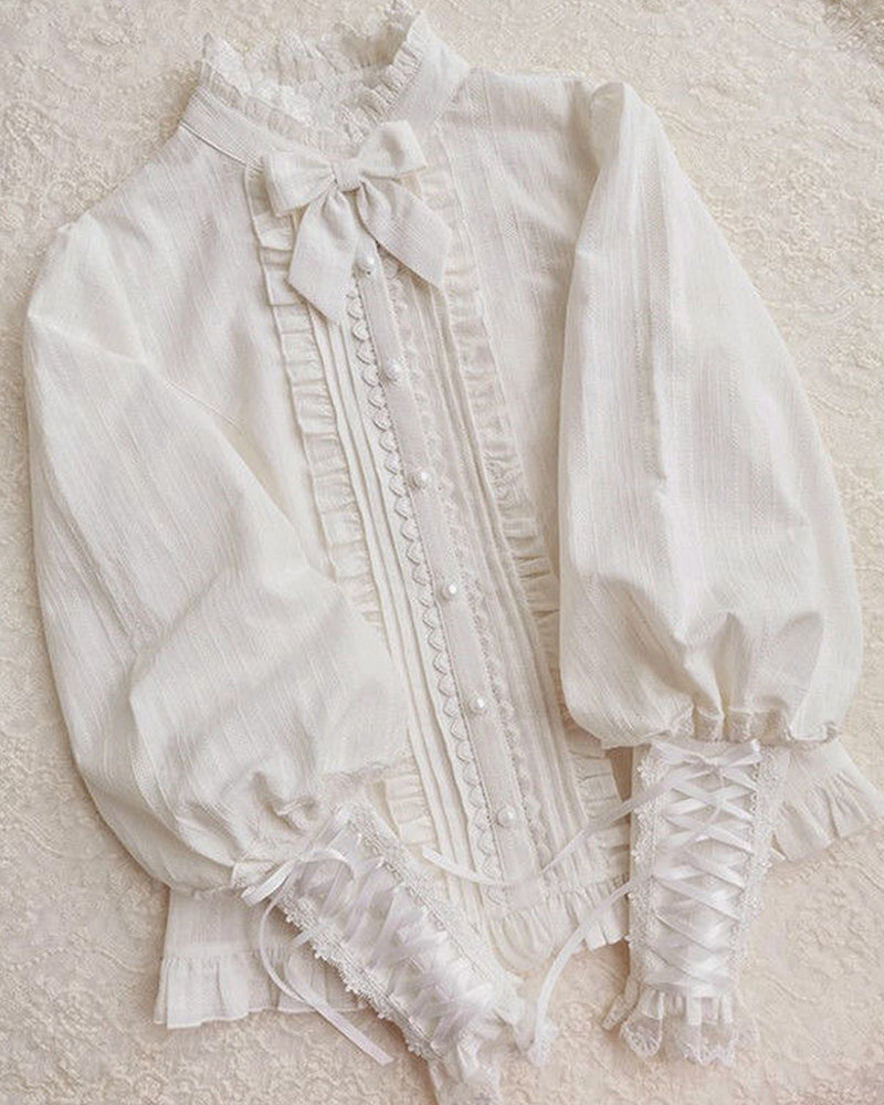 Lamb Leg Sleeve Bow Tie Ruffle Blouse - White | VintageMist
