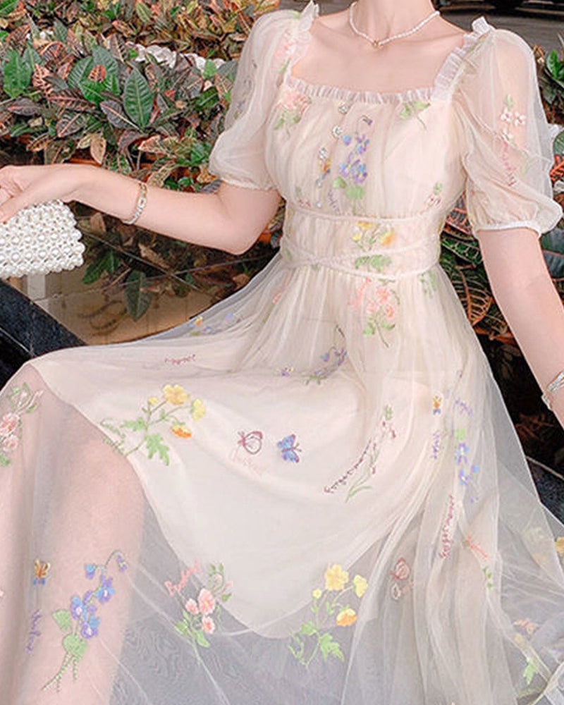 Floral Embroidery Mesh Midi Dress | Vintage Mist