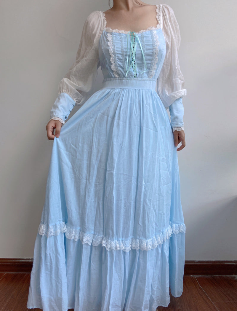 Romantic Princess Long Sleeve Lace Maxi Dress - Blue | VintageMist