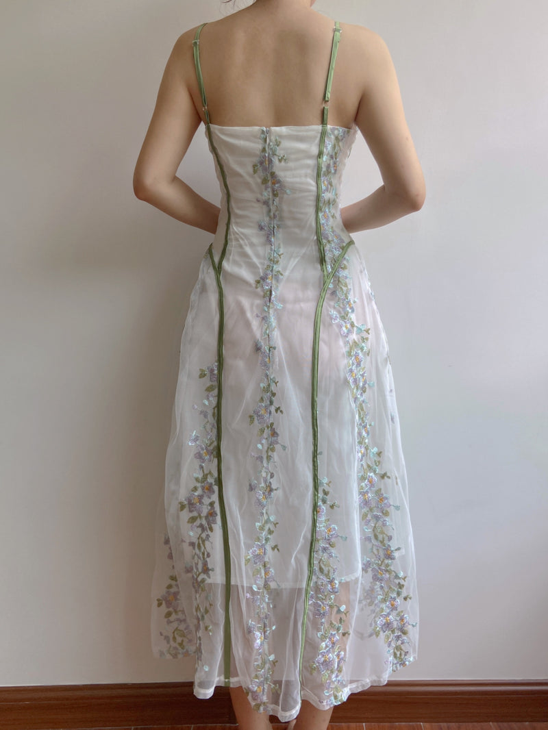 Strap Square Collar Embroidery Flower Dress - Green