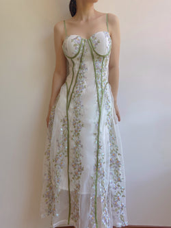 Strap Square Collar Embroidery Flower Dress - Green | Vintage Mist