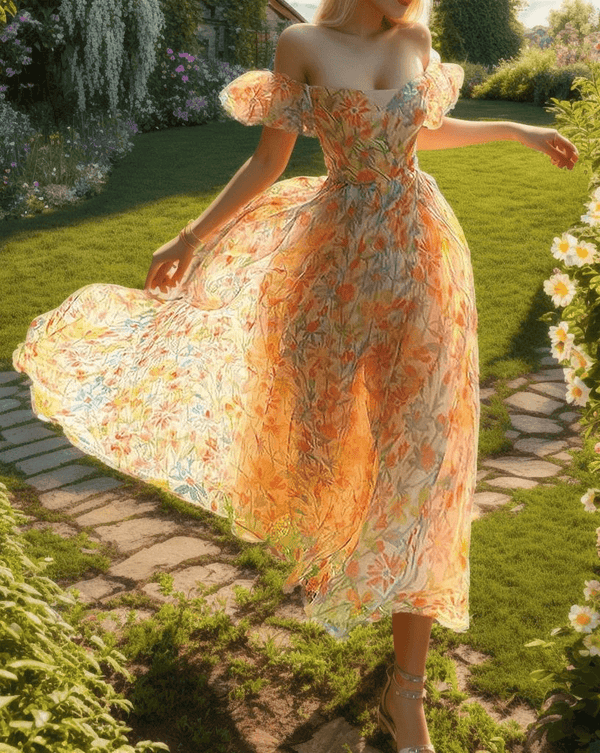 Floral Print Off Shoulder Puff Sleeve Midi Dress - Light Yellow | VintageMist