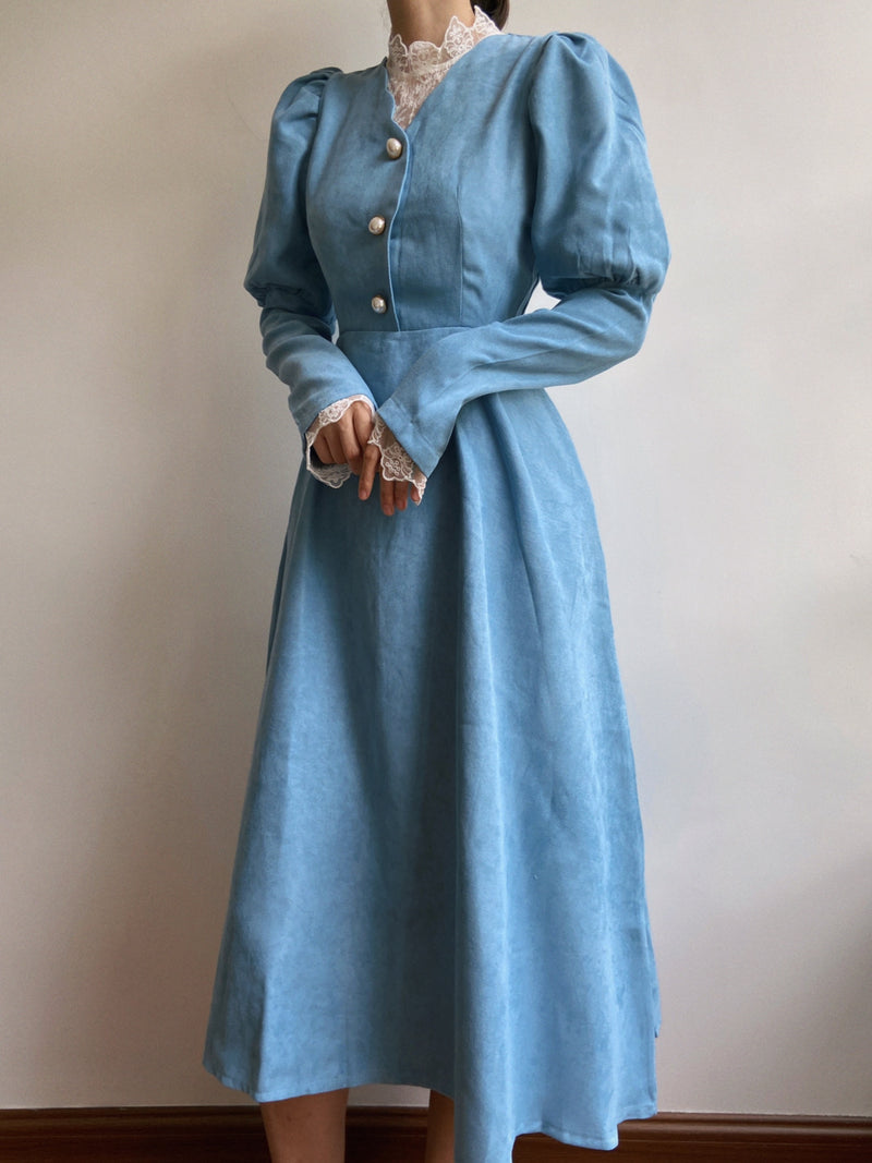 Lamb Sleeve Midi Dress - Blue | VintageMist