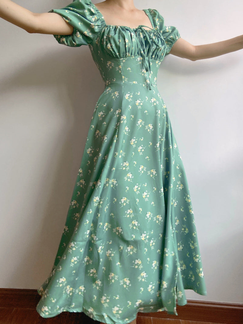 Floral Print Puff Sleeve Midi Dress - Green | Vintage Mist