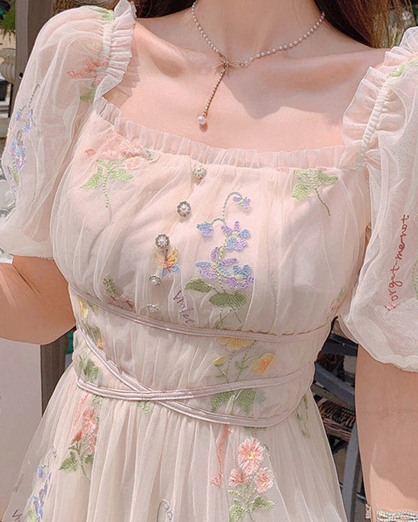 Floral Embroidery Mesh Midi Dress | Vintage Mist