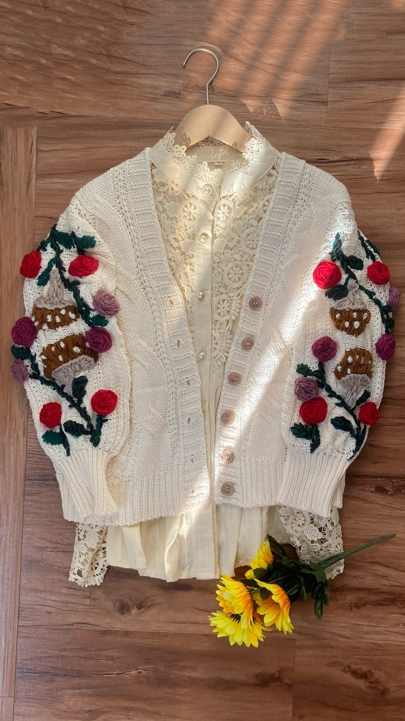Cottagecore Hand Embroidery Rose Mushroom Crop Sweater Cardigan | Vintagemist.com