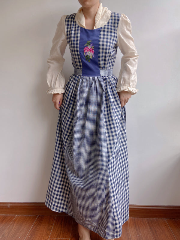 Check Patchwork Floral Embroidery Midi Dress | VintageMist