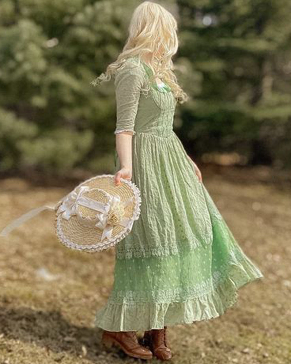 Cottagecore Corset Square Neck Dress - Green VintageMist Cottagecore Corset Square Neck Dress - Green VintageMist