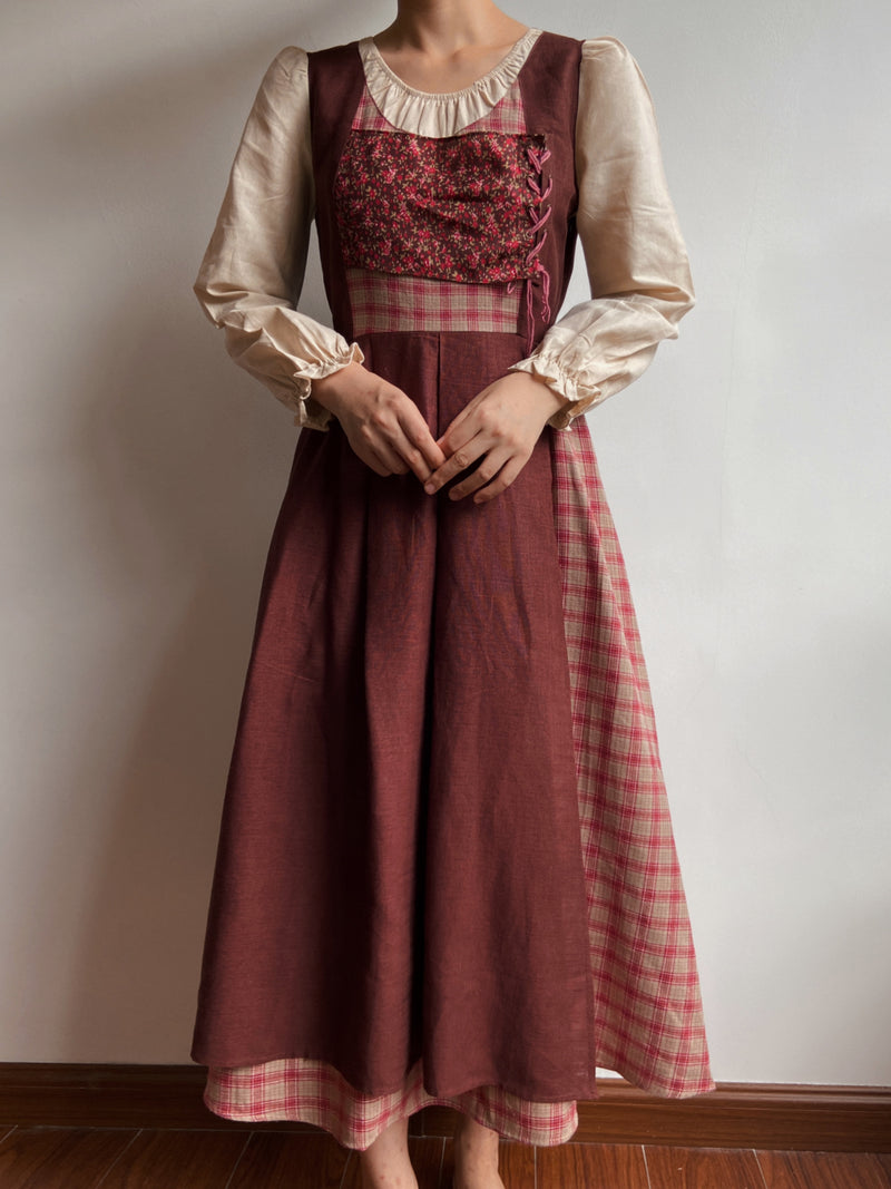 Cottagecore Color Block Check Floral Dress | VintageMist
