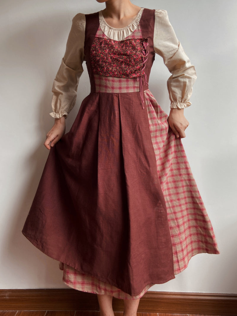 Cottagecore Color Block Check Floral Dress | VintageMist
