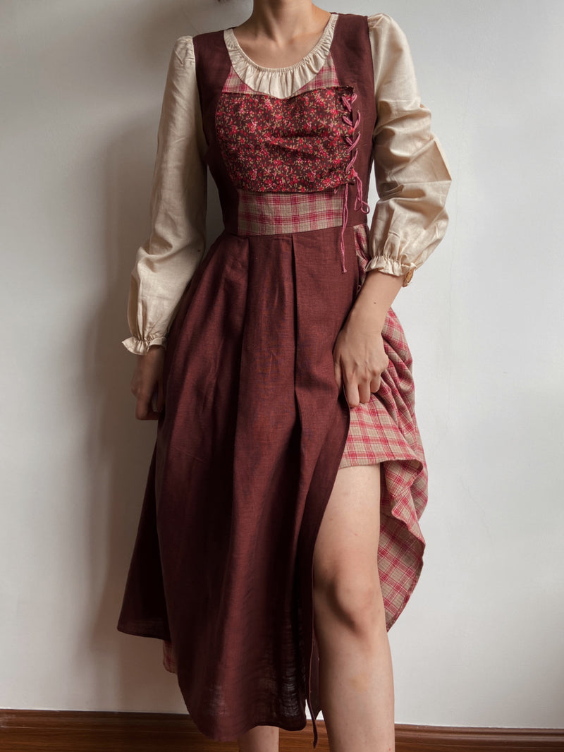 Cottagecore Color Block Check Floral Dress | VintageMist