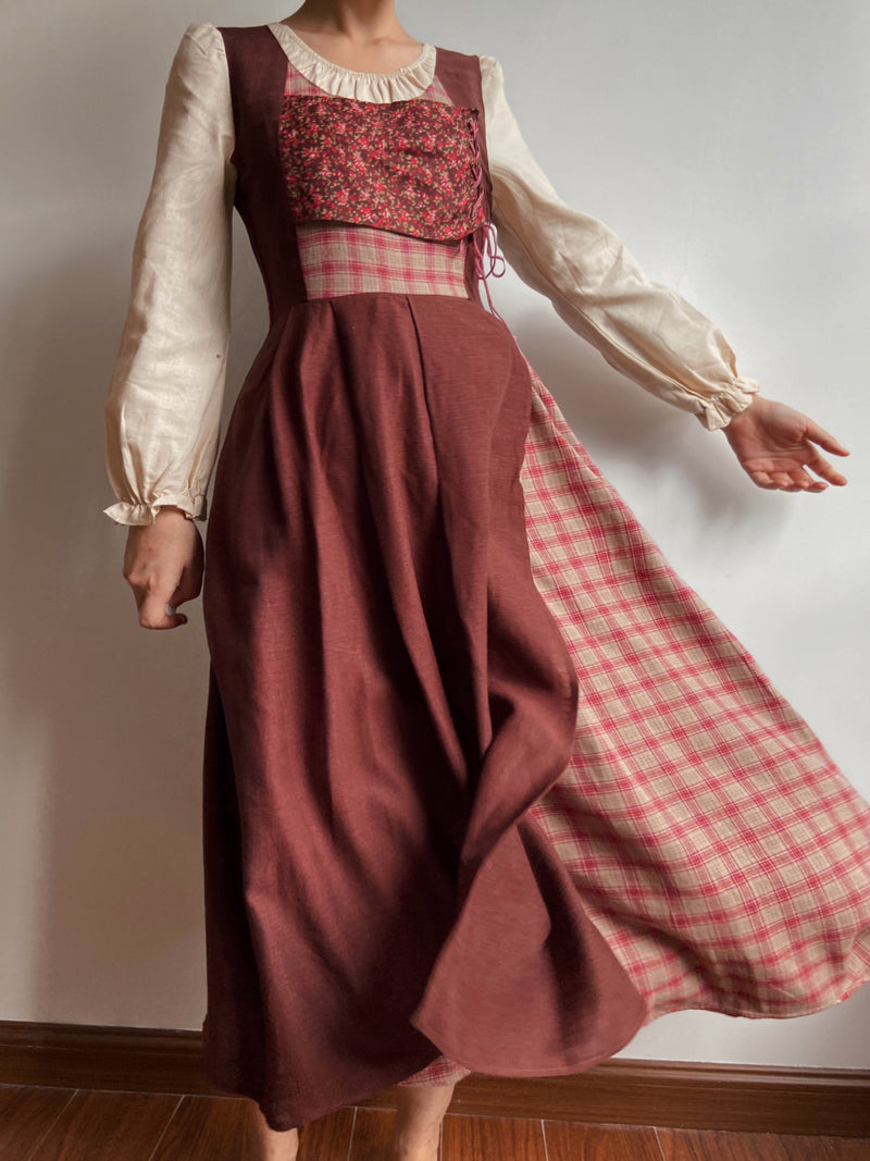 Cottagecore Color Block Check Floral Dress | VintageMist