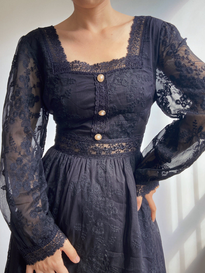 Embroidered Floral Lace Long Sleeve Midi Dress
