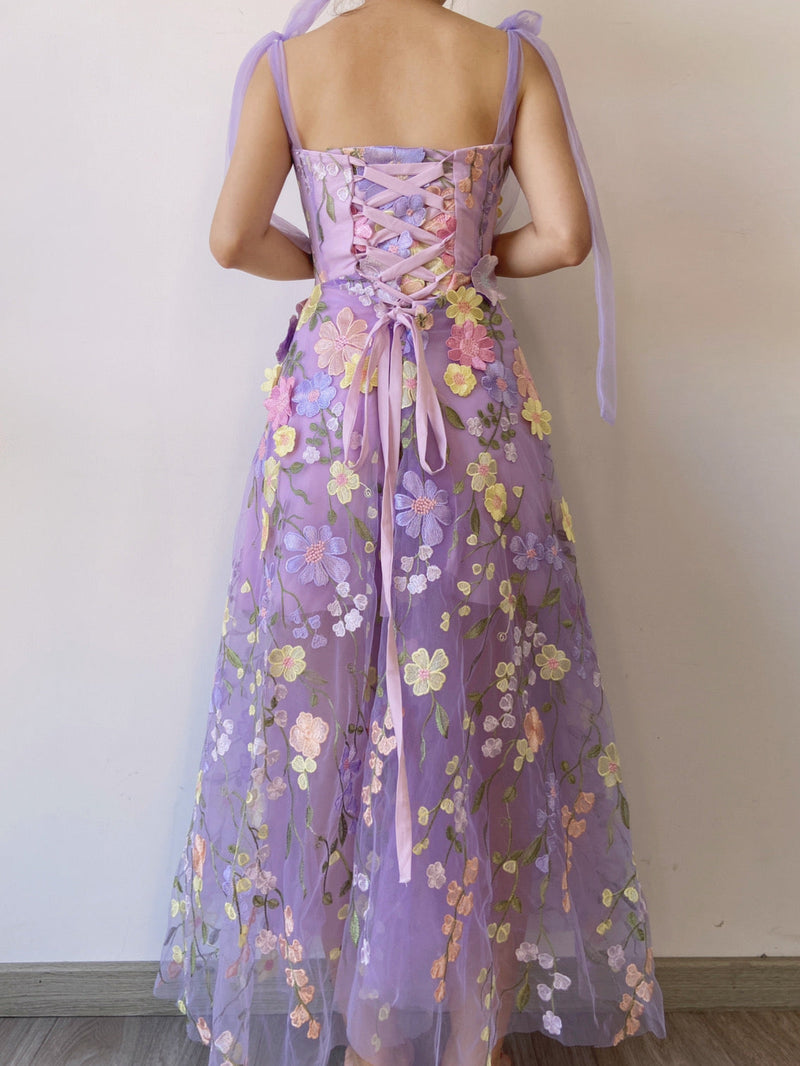 Fairycore Floral Embroidery Corset Dress - Purple | VintageMist