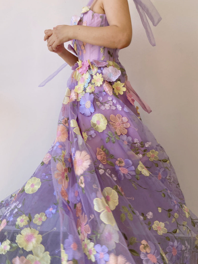Fairycore Floral Embroidery Corset Dress - Purple | VintageMist