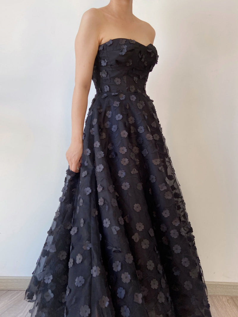 Floral Embroidery Tulle Off Shoulder Gown Dress - Black | VintageMist