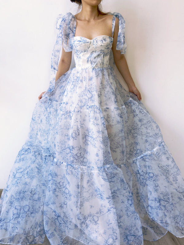 Fairycore Floral Strap Square Neck Tulle Dress - Blue | VintageMist