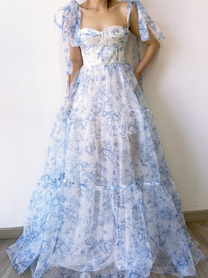 Fairycore Floral Strap Square Neck Tulle Dress - Blue | VintageMist