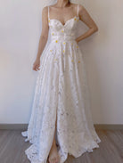 Fairycore Daisy Floral V Neck Strap Slit Maxi Dress - White | VintageMist