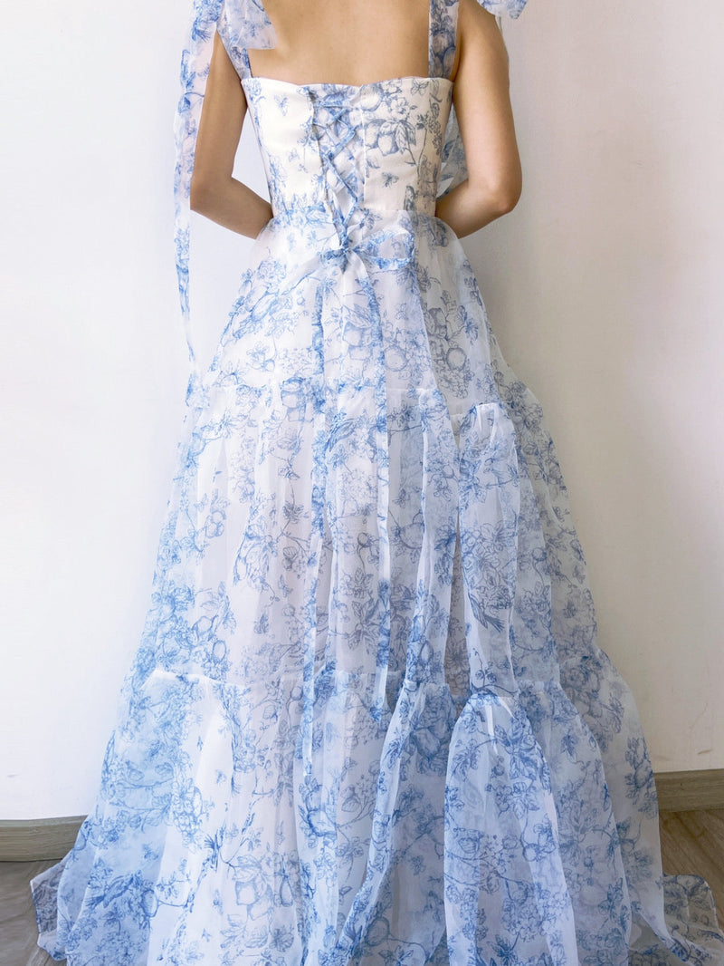 Fairycore Floral Strap Square Neck Tulle Dress - Blue | VintageMist