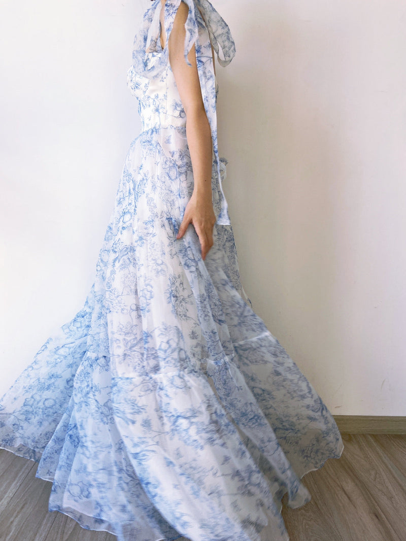 Fairycore Floral Strap Square Neck Tulle Dress - Blue | VintageMist