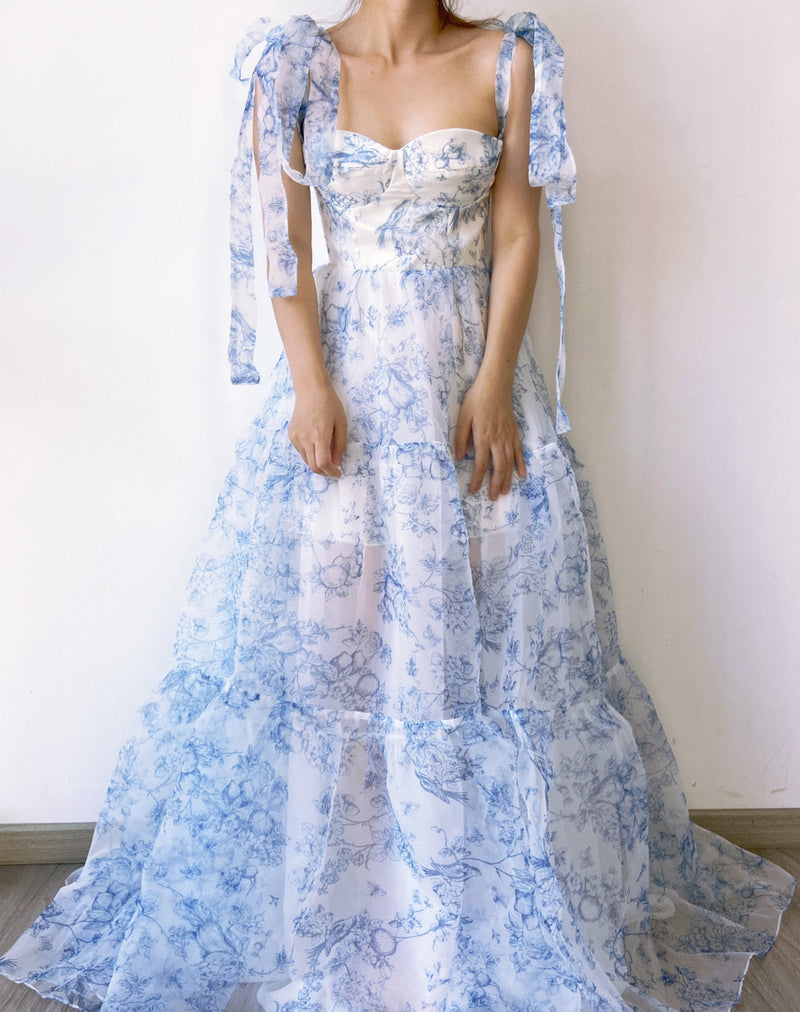 Fairycore Floral Strap Square Neck Tulle Dress - Blue | VintageMist