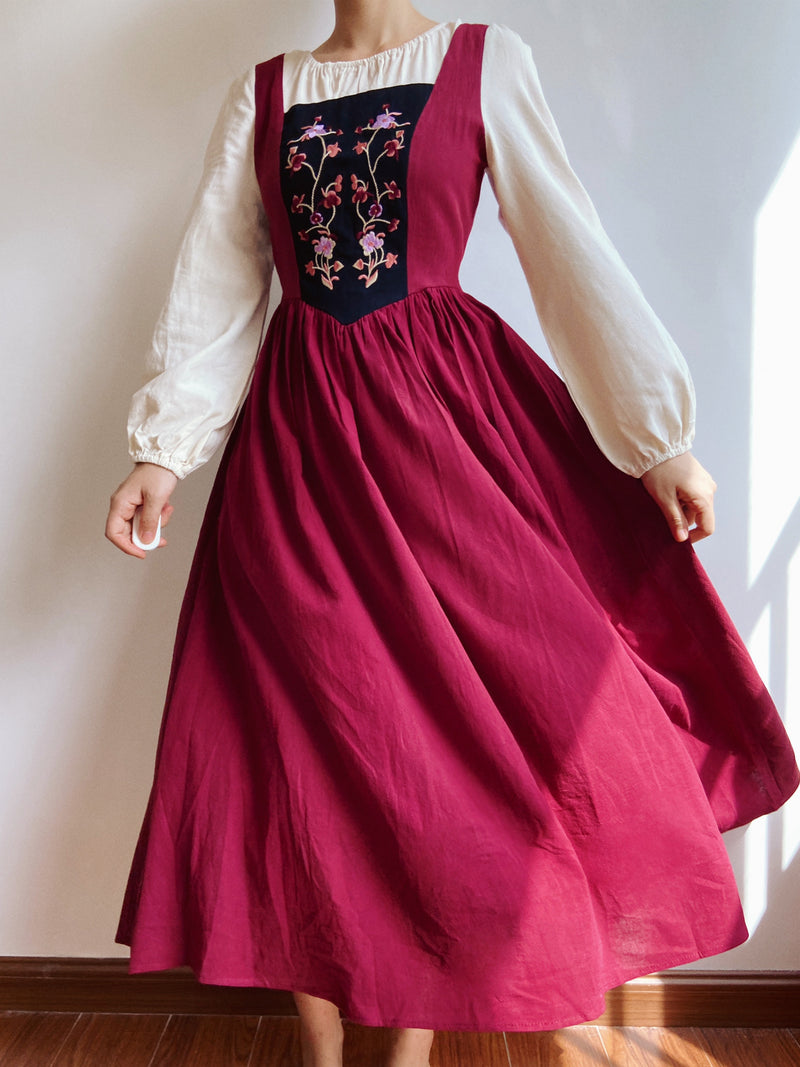 Floral Embroidery Mesh Color Block Midi Dress - Red | Vintage Mist