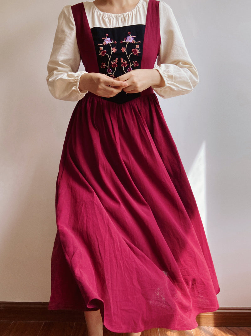 Floral Embroidery Mesh Color Block Midi Dress - Red | Vintage Mist