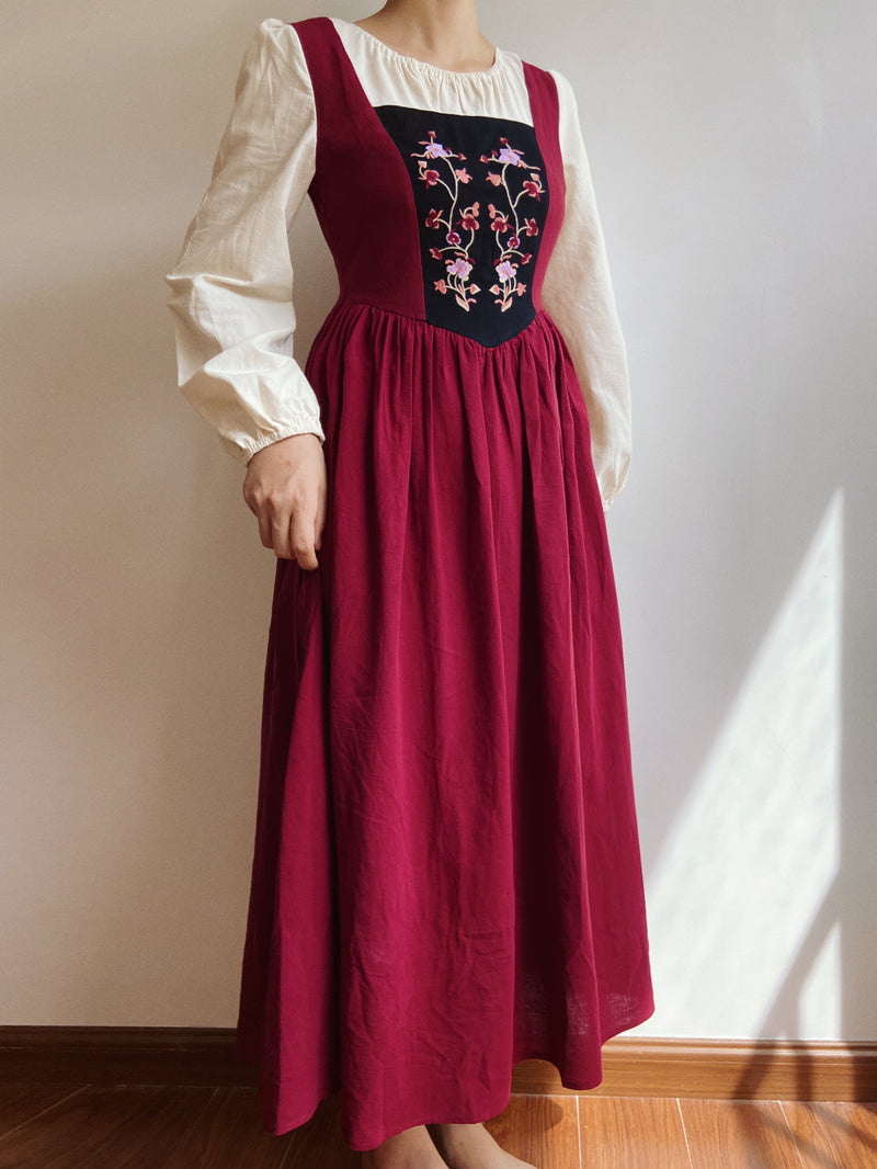 Floral Embroidery Mesh Color Block Midi Dress - Red | Vintage Mist