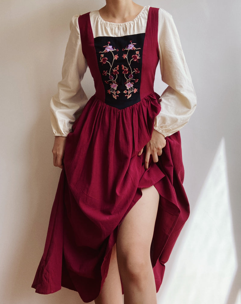Floral Embroidery Mesh Color Block Midi Dress - Red | Vintage Mist