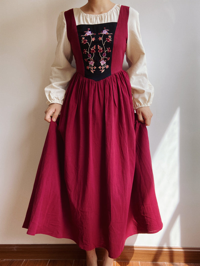 Floral Embroidery Mesh Color Block Midi Dress - Red | VintageMist